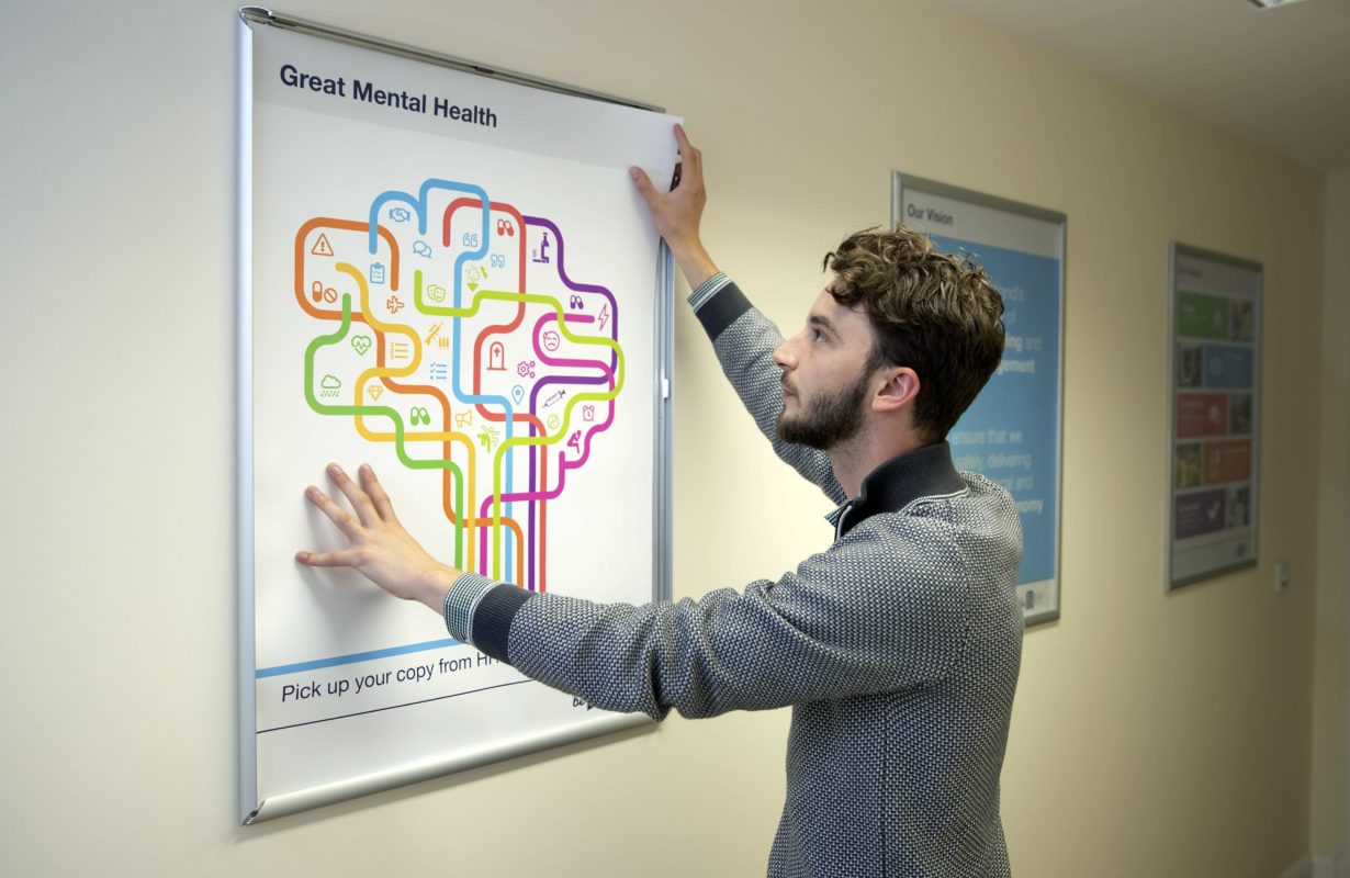 Danny McAtear, Binn Group HR Manager with the new mental health posters