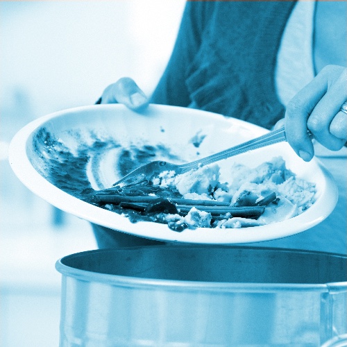Food Waste banner. A person discarding food into a bin
